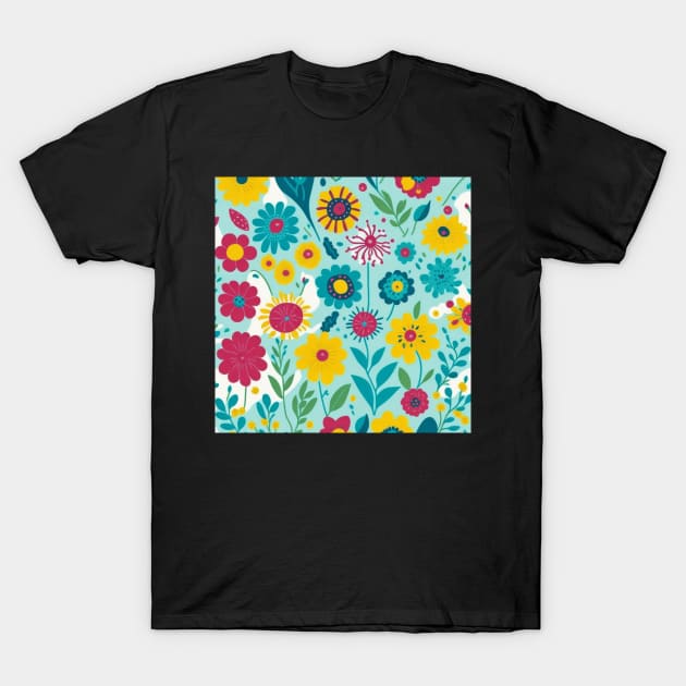 Whimsy Floral Fiesta Pattern T-Shirt by JEWEBIE